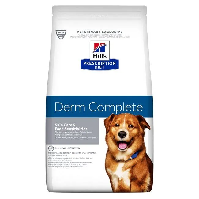 הילס derm complete מזון רפואי לכלבים מוכח קלינית במתן מענה לכלבים עם בעיות אלרגיה תזונתית ובעיות אלרגיה סביבתית 12 ק"ג